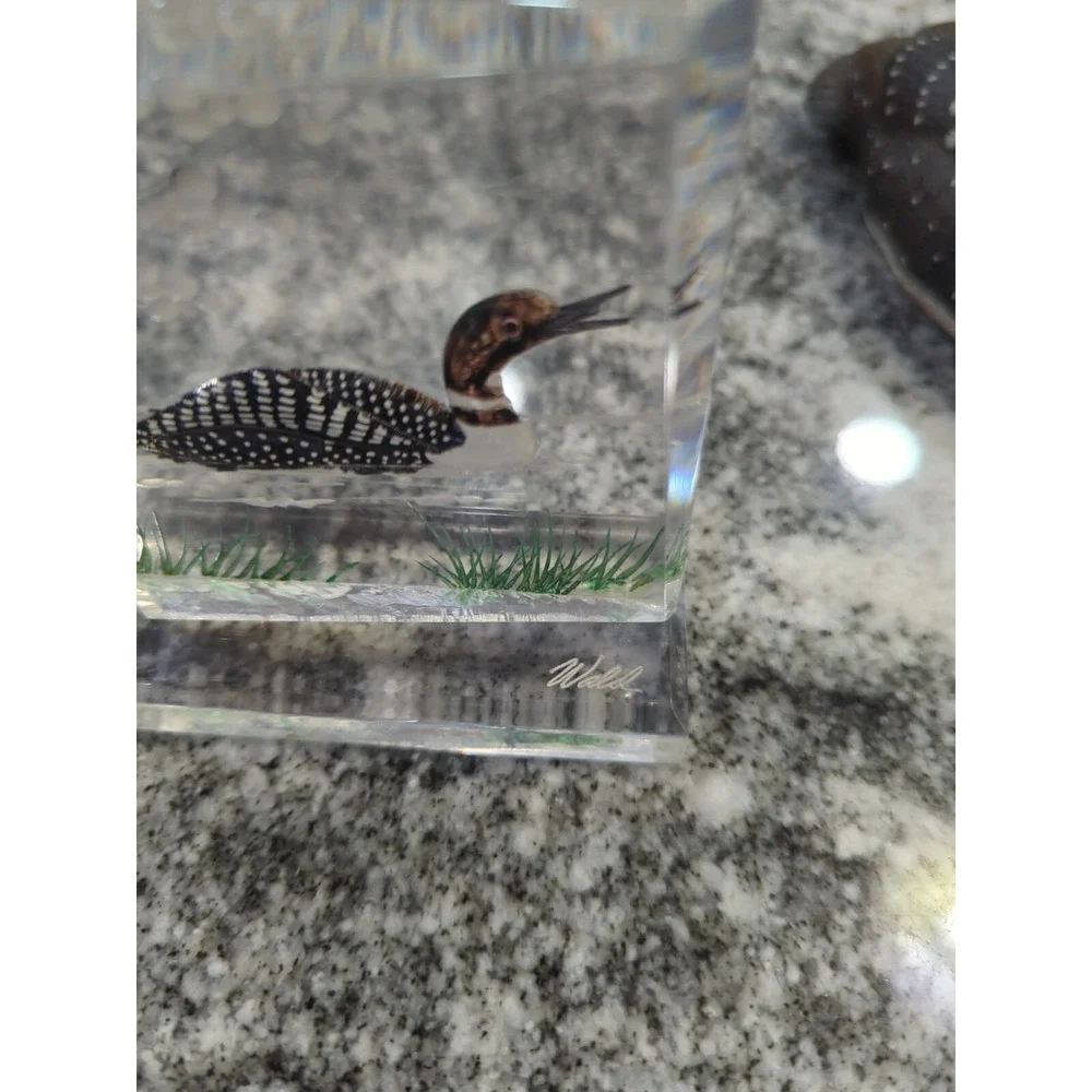 Vintage Wald Common Loon Bird Paperweight Reversed Carved Lucite Sculpture